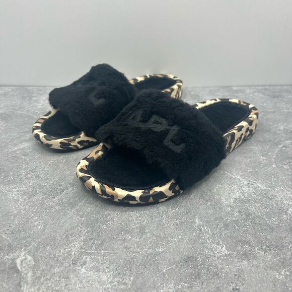 NIB APL Athletic Propulsion Labs Black Shearling Leopard Slides Size 6 - Picture 2 of 13